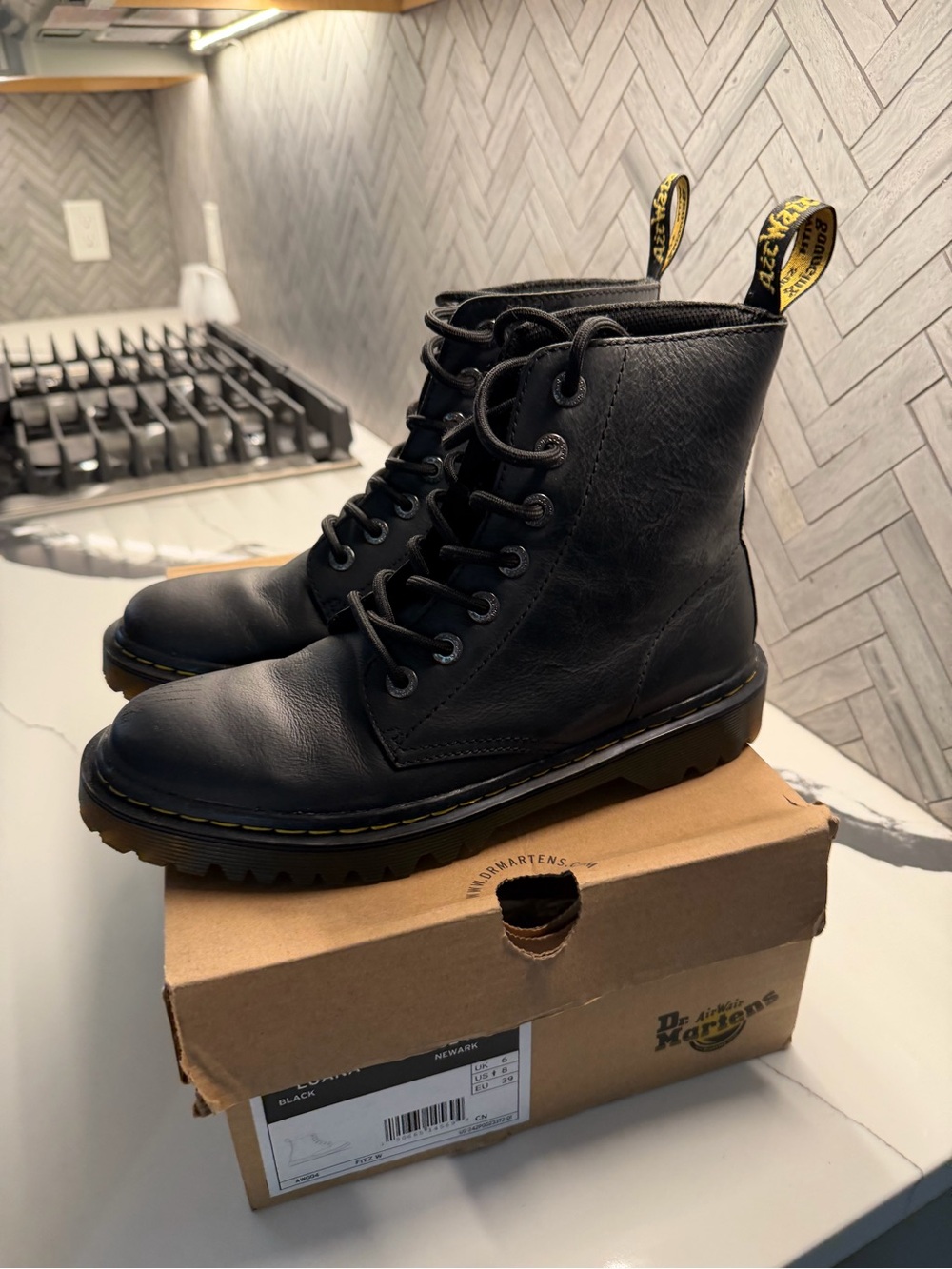 Dr. Martens Black Leather Lace-Up Ankle Boots with Yellow Heel Loop